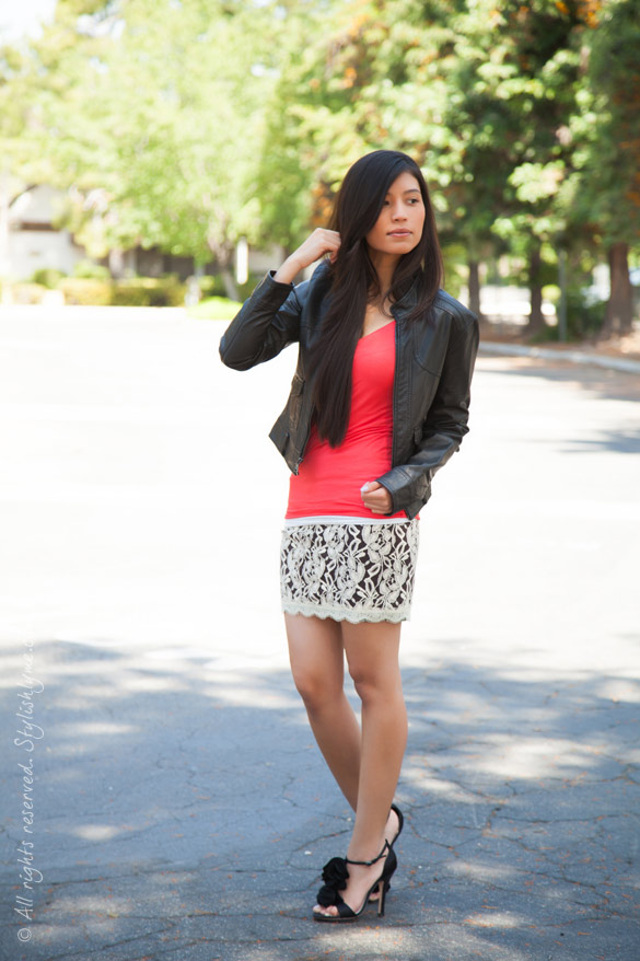 Stylishlyme- Black Leather Jacket Black Leather Jacket and Lace Skirt