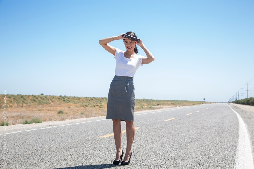 White Tee with Pencil Skirt