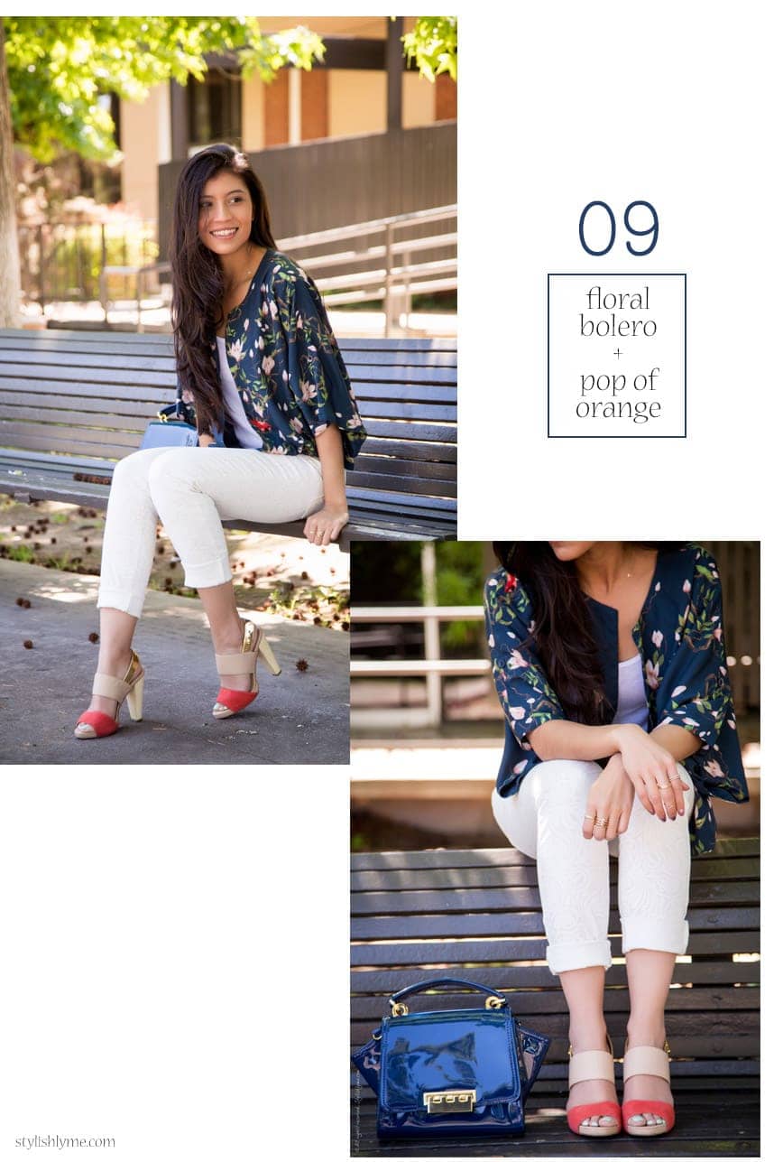 white jeans outfit floral bolero