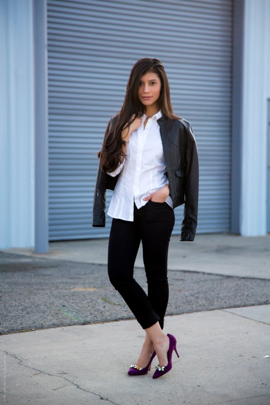 Black White Outfit with Bright Heels - Stylishlyme