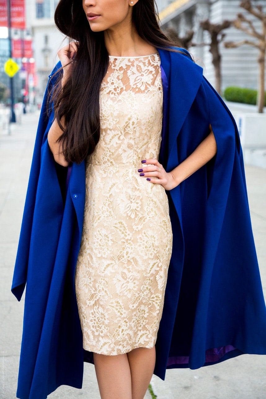 Gold dress and blue cape outfit - Stylishlyme