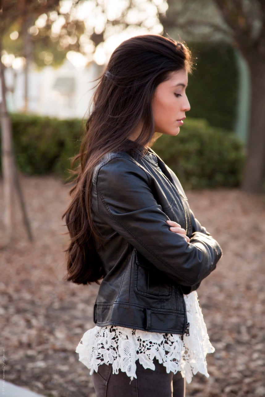 Mixing Styles - Lace and Leather: Leather Jacket Lace Top Outfit - Stylishlyme