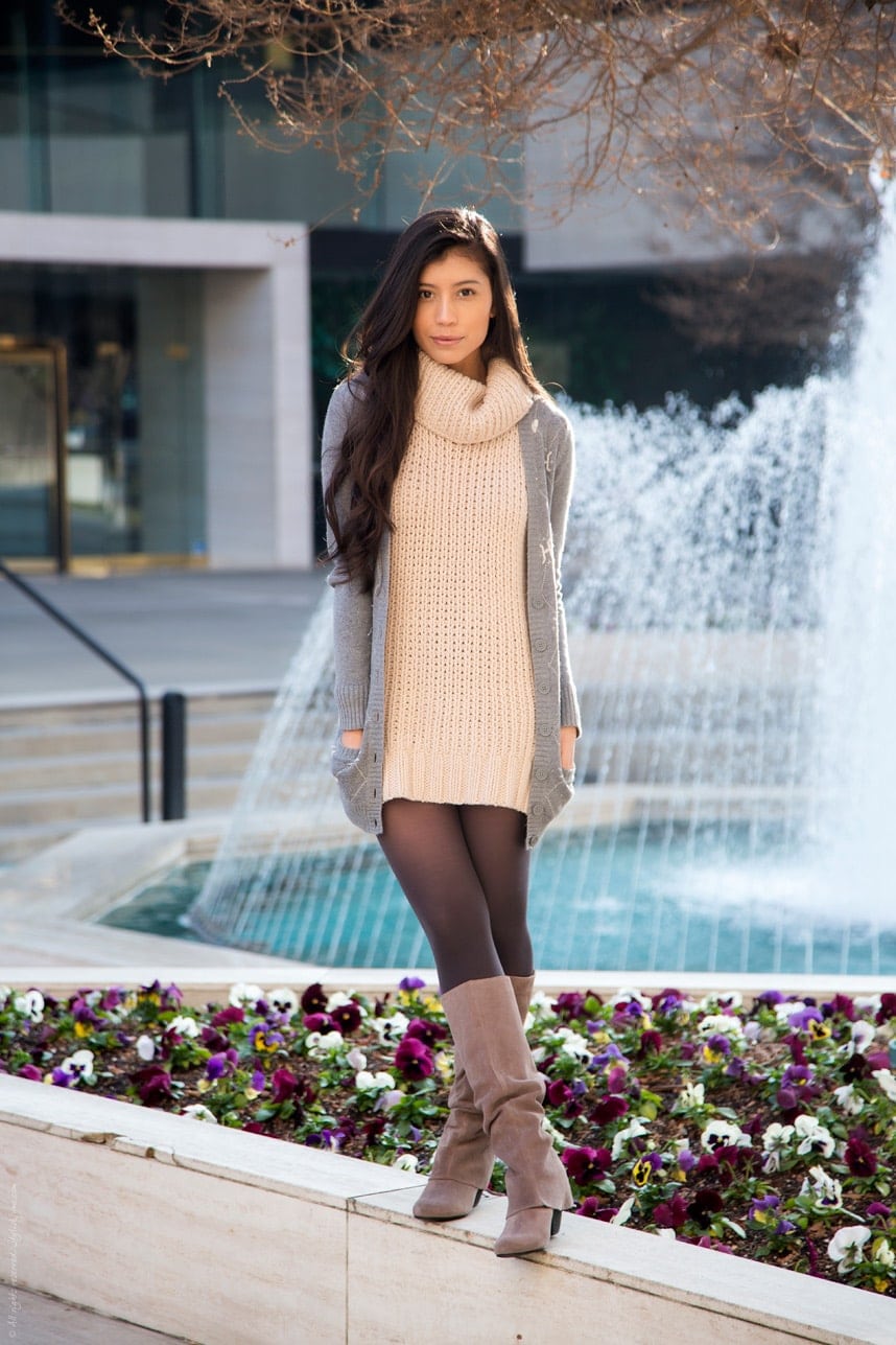 sweater dress with tights and booties