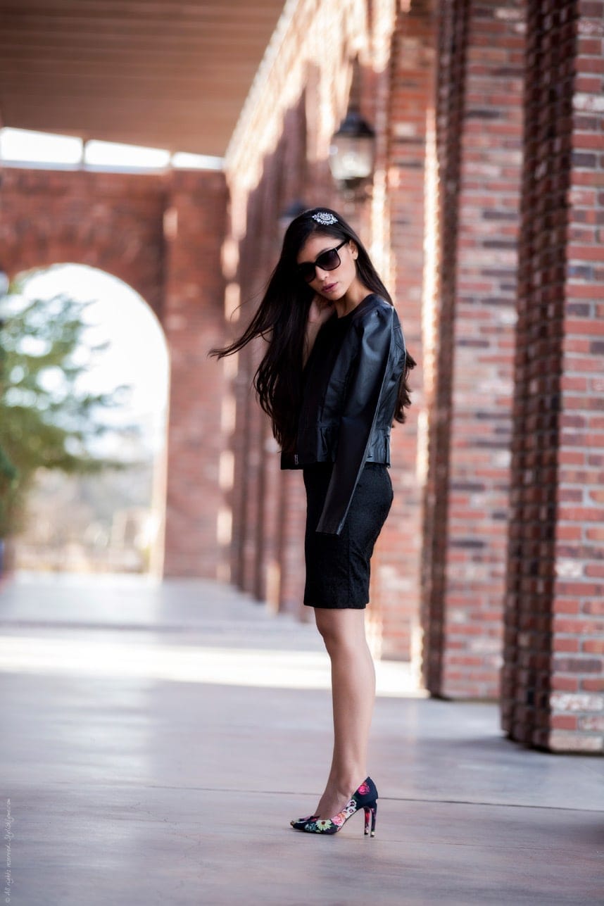black lace dress leather jacket - Stylishlyme