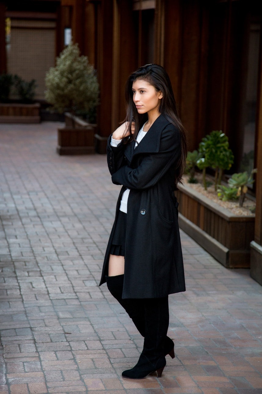 Long Black Coat Black Boots Outfit - Stylishlyme