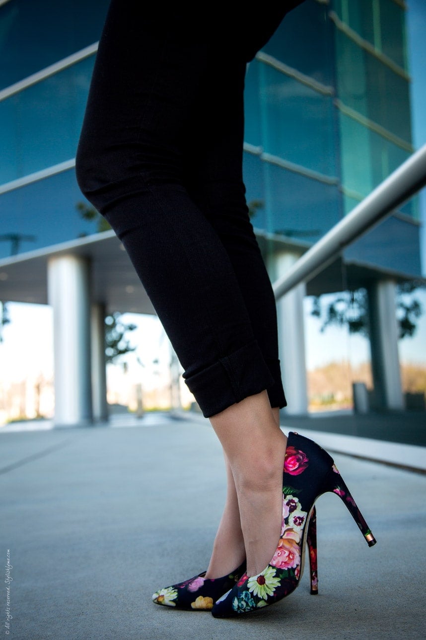 floral heels black skinnies - Stylishlyme
