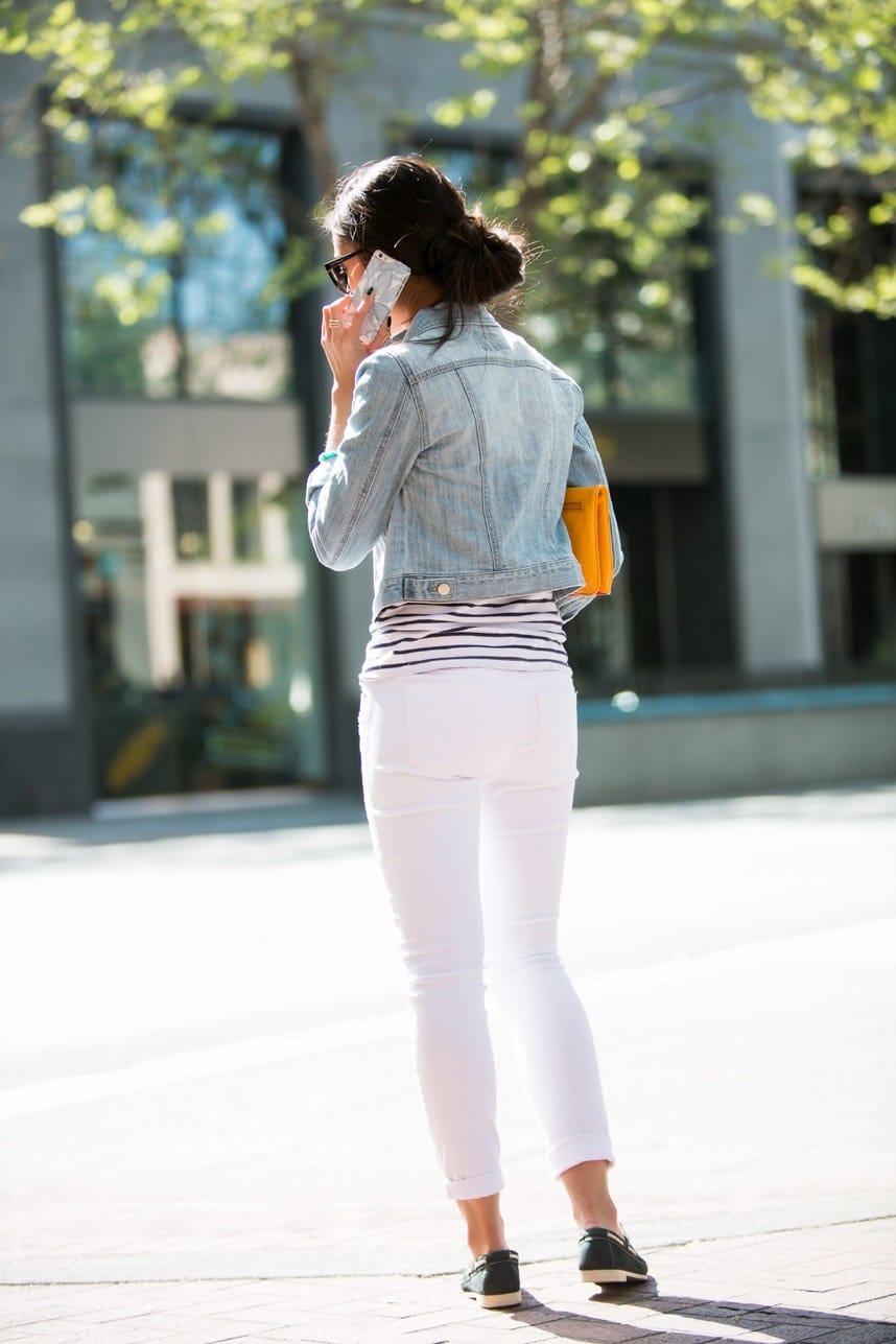 Denim Jacket with White Denim Pants - Stylishlyme.com