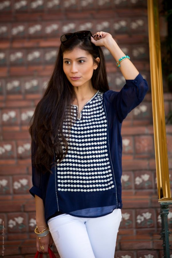 A Stylish Blue And White Polka Dot Spring Outfit