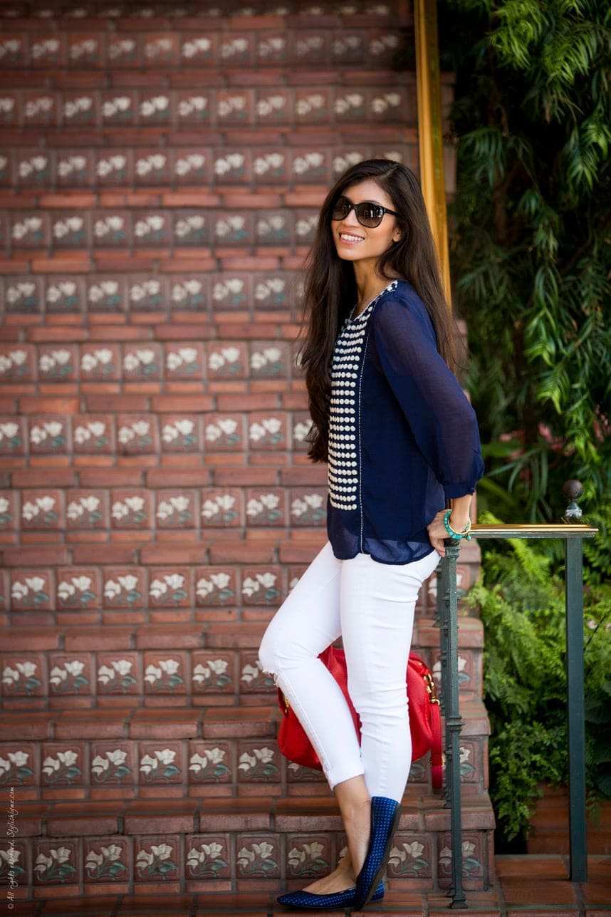 A Stylish Blue And White Polka Dot Spring Outfit