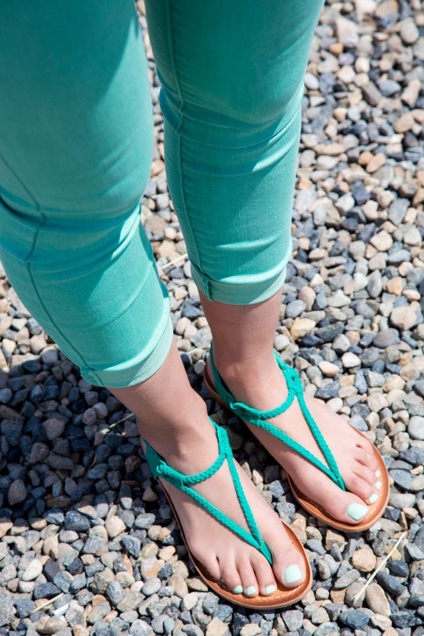 strappy mint green sandals with matching mint jeans- Stylishlyme.com