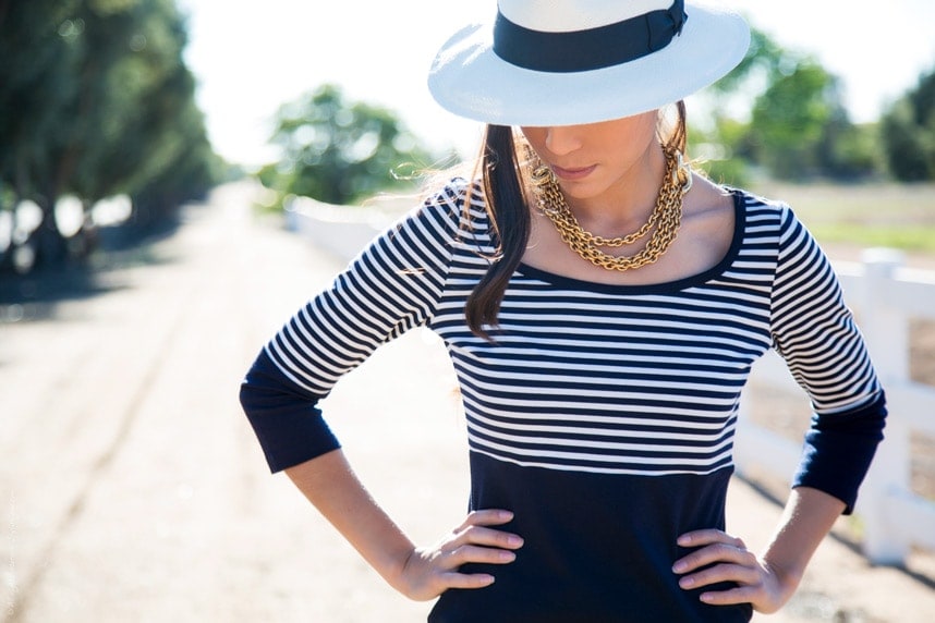 Nautical Inspired Outfit: Stripes, Panama Hat, Gold Chain, and Blue and White color Combination - Stylishlyme.com
