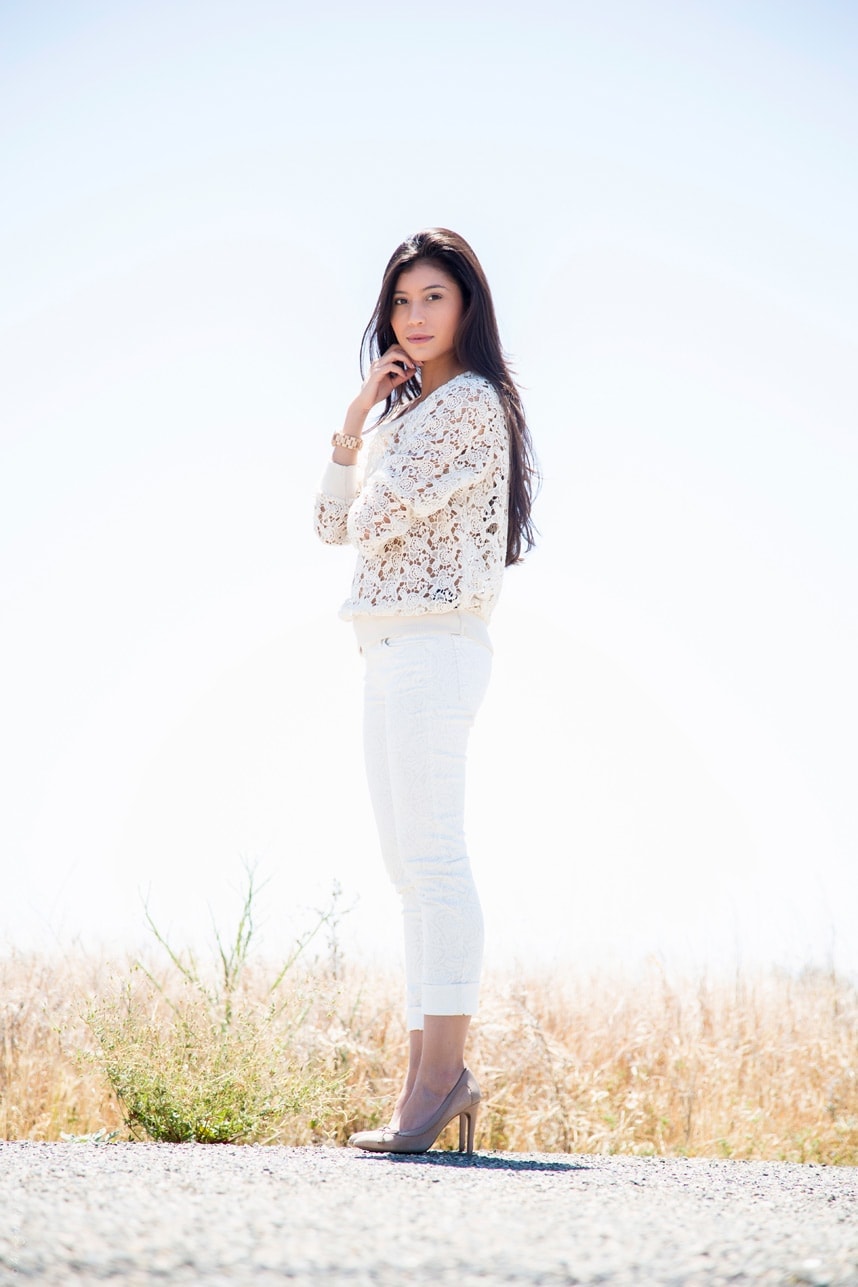 White Pants Cream Lace Sweater Outfit - Stylishlyme.com