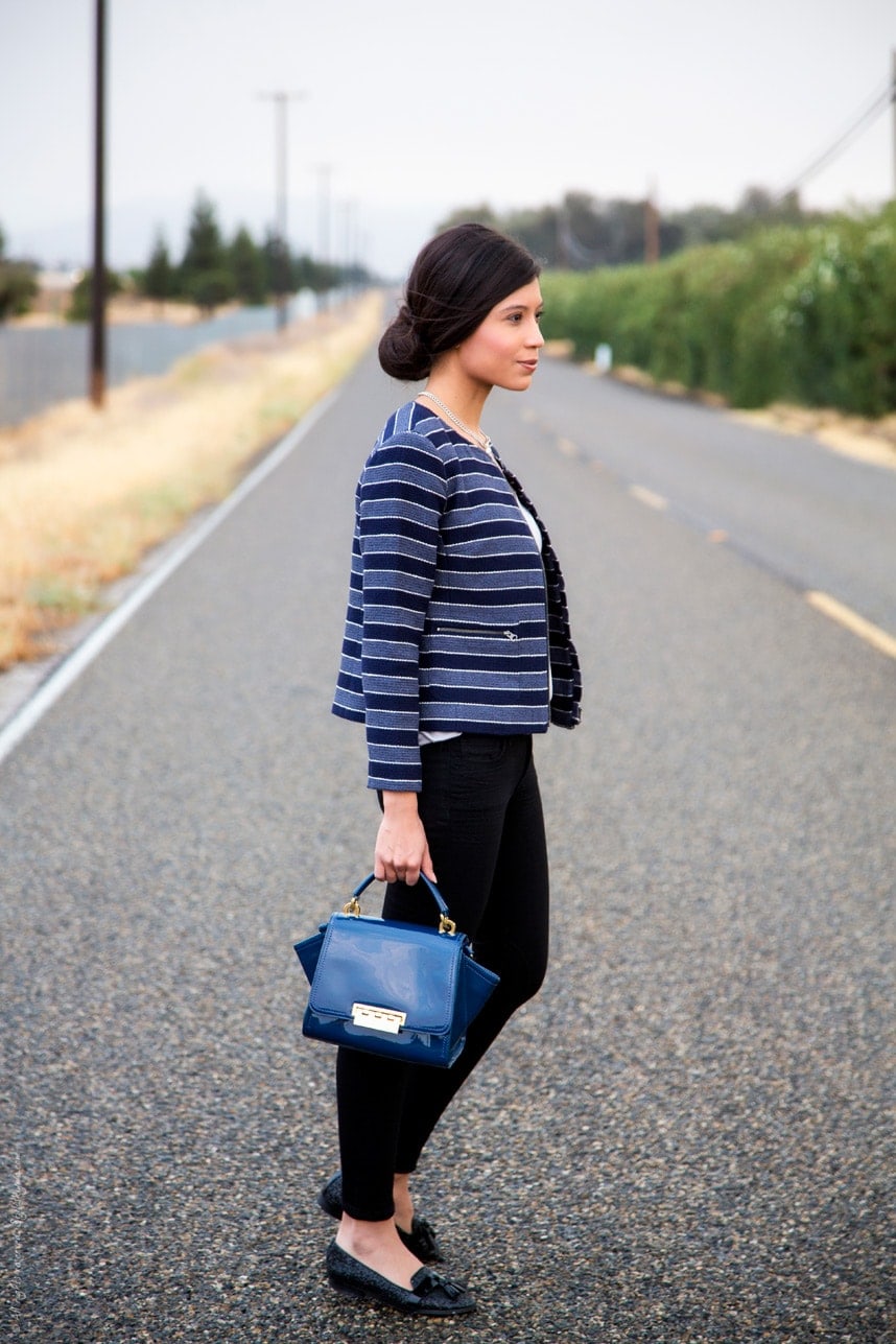Thick blue and dark blue striped collarless blazer - Visit Stylishlyme.com for more outfit photos and style tips