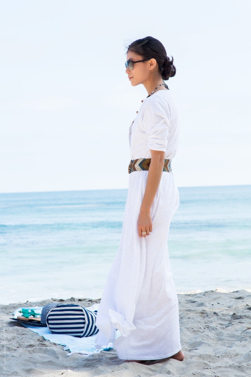 Maxi White Dress Beach Coverup with beaded waist belt - Stylishlyme.com