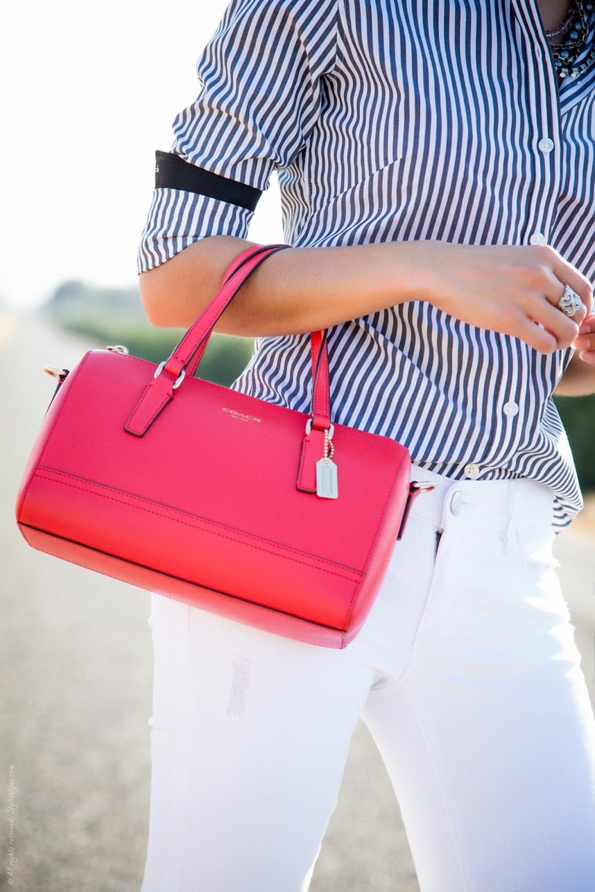 Add a bright pop of color with a handbag - Visit Stylishlyme.com for more outfit photos and style tips