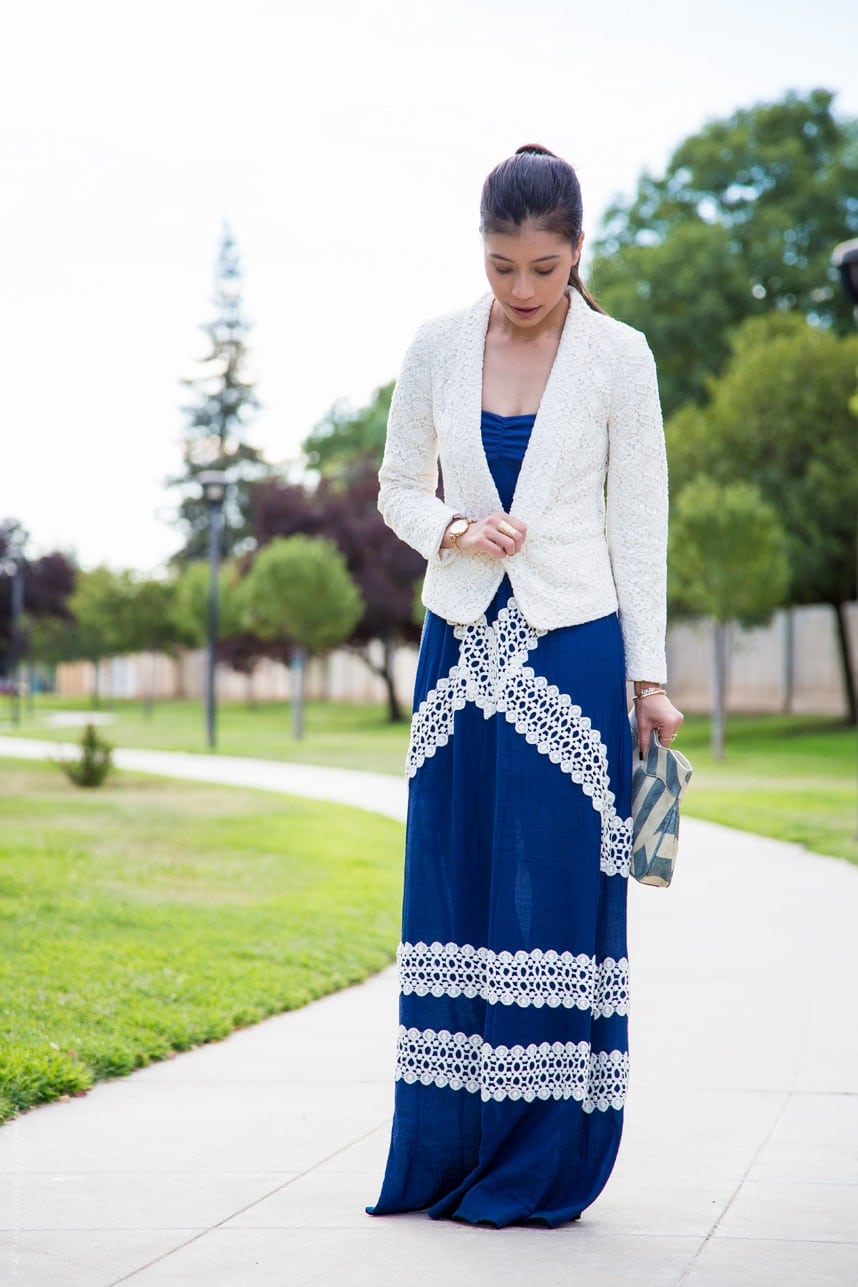 Blue Maxi Dress and White Lace Blazer Summer Outfit- Visit Stylishlyme.com for more outfit photos and style tips