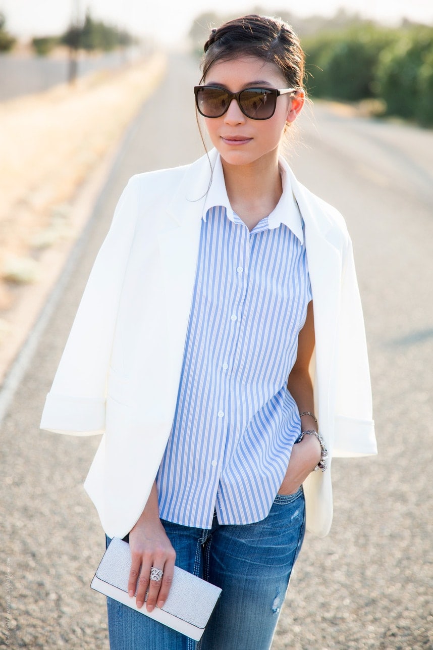 Blue Striped Shirt paired with a White Blazer - Visit Stylishlyme.com for more outfit photos and style tips