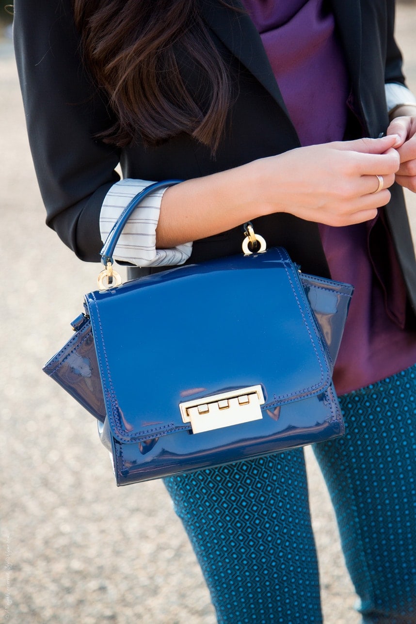 Zac Posen Blue Patent handbag - Visit Stylishlyme.com for more outfit photos and style tips