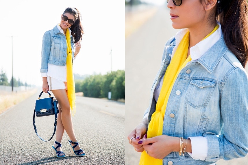 White and blue outfit with a pop of yellow