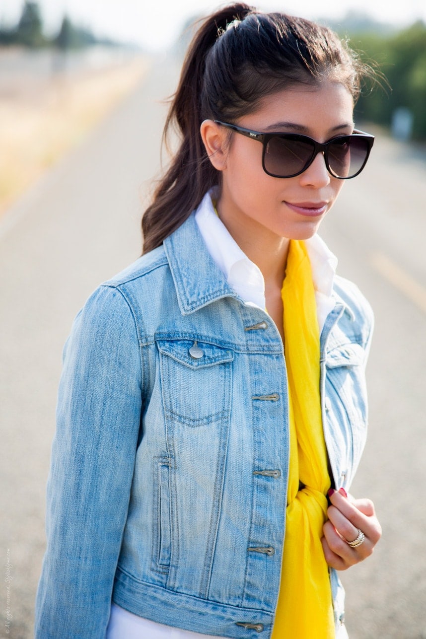 Light denim jacket with yellow scarf - Visit Stylishlyme.com for more outfit photos and style tips