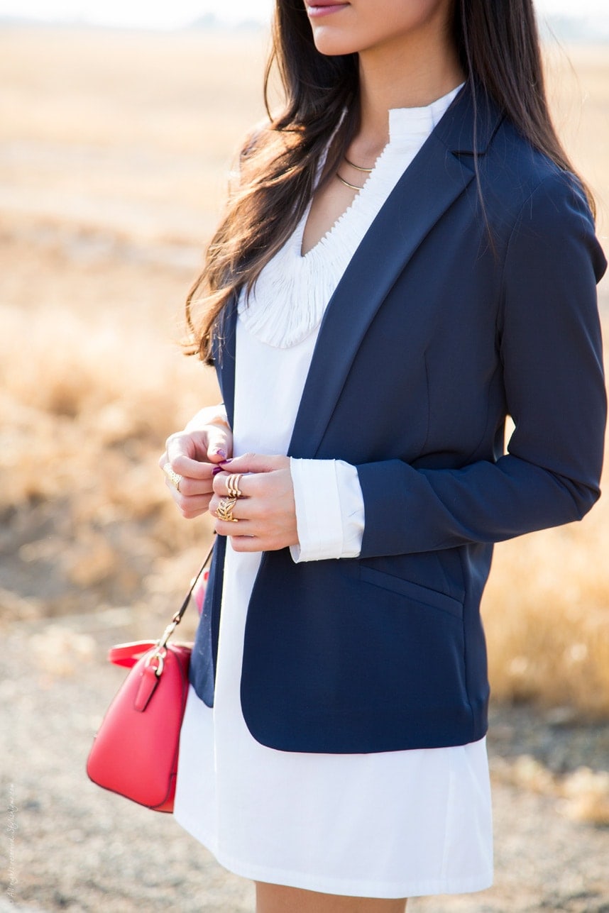 How to Style a Navy Blazer Over White Shirtdress - Visit Stylishlyme.com for more outfit photos and style tips