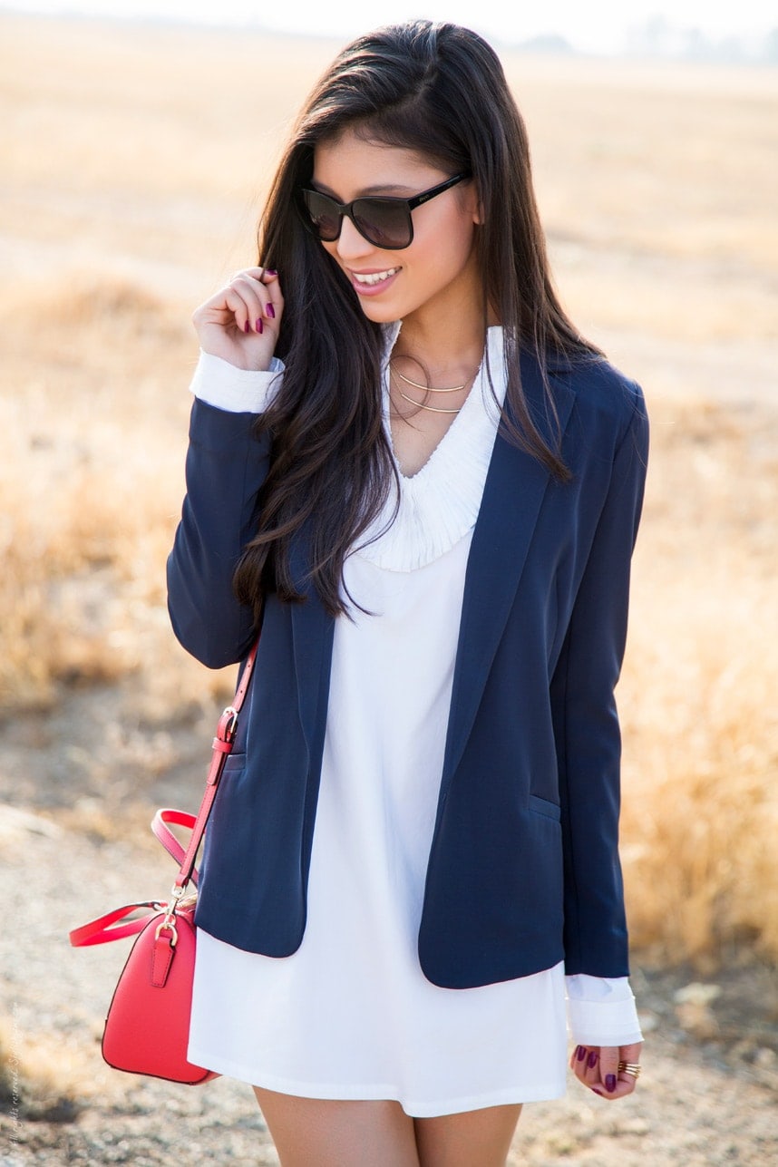 Navy Blazer with White Shirtdress Summer Outfit - Visit Stylishlyme.com for more outfit photos and style tips