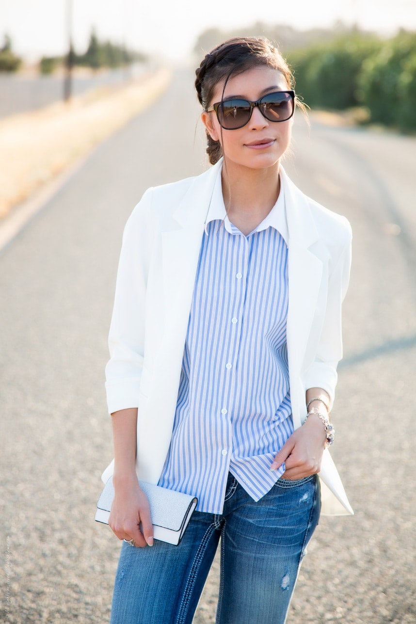 Retro striped button down shirt and a white blazer outfit - Visit Stylishlyme.com for more outfit photos and style tips