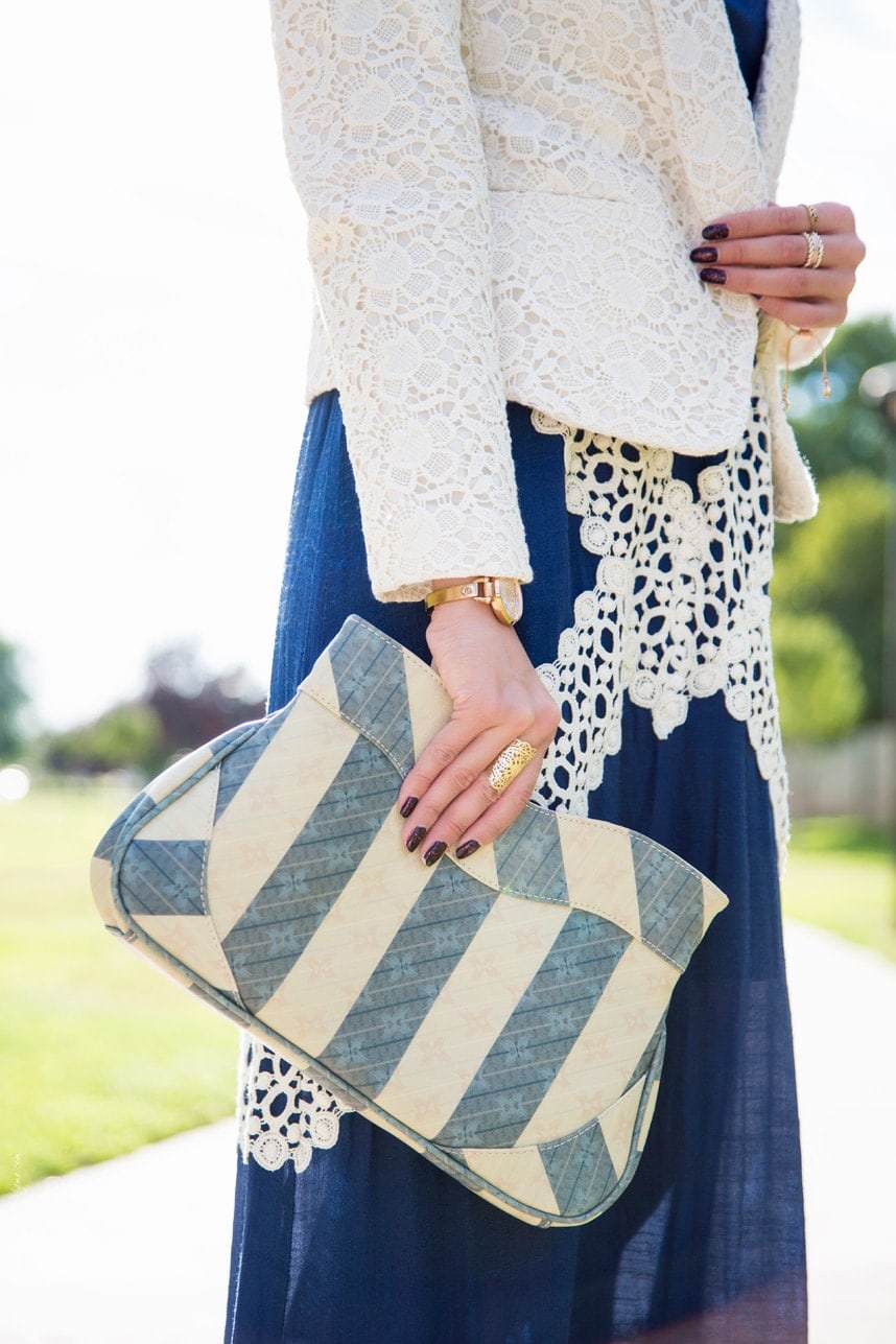 Pretty Blue and cream striped clutch- Visit Stylishlyme.com for more outfit photos and style tips