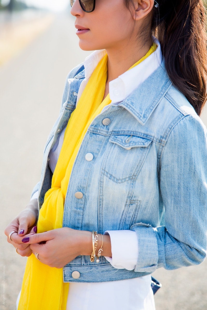 Summer yellow scarf with a denim jacket - Visit Stylishlyme.com for more outfit photos and style tips