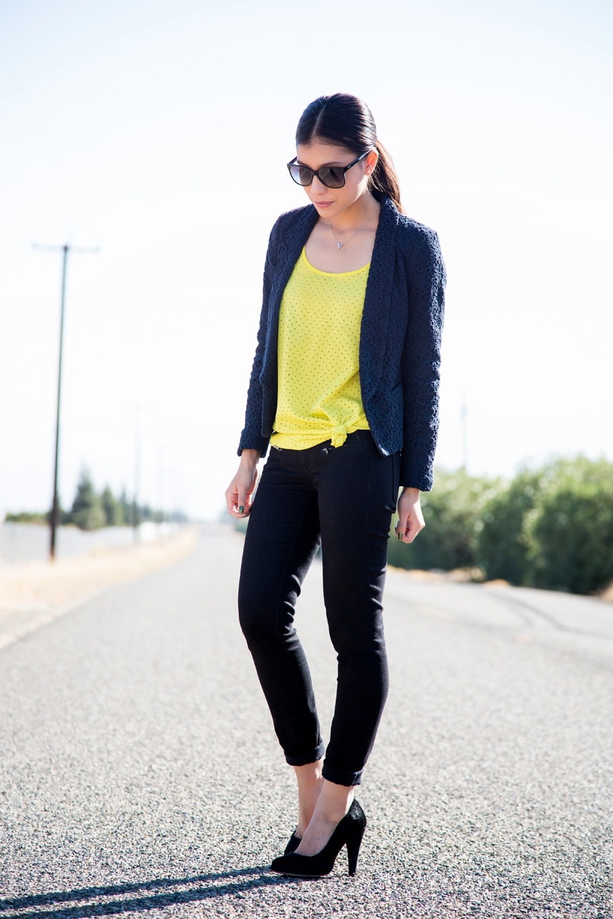 Wearing neon yellow and blue in an outfit - Visit Stylishlyme.com for more outfit inspiration and style tips