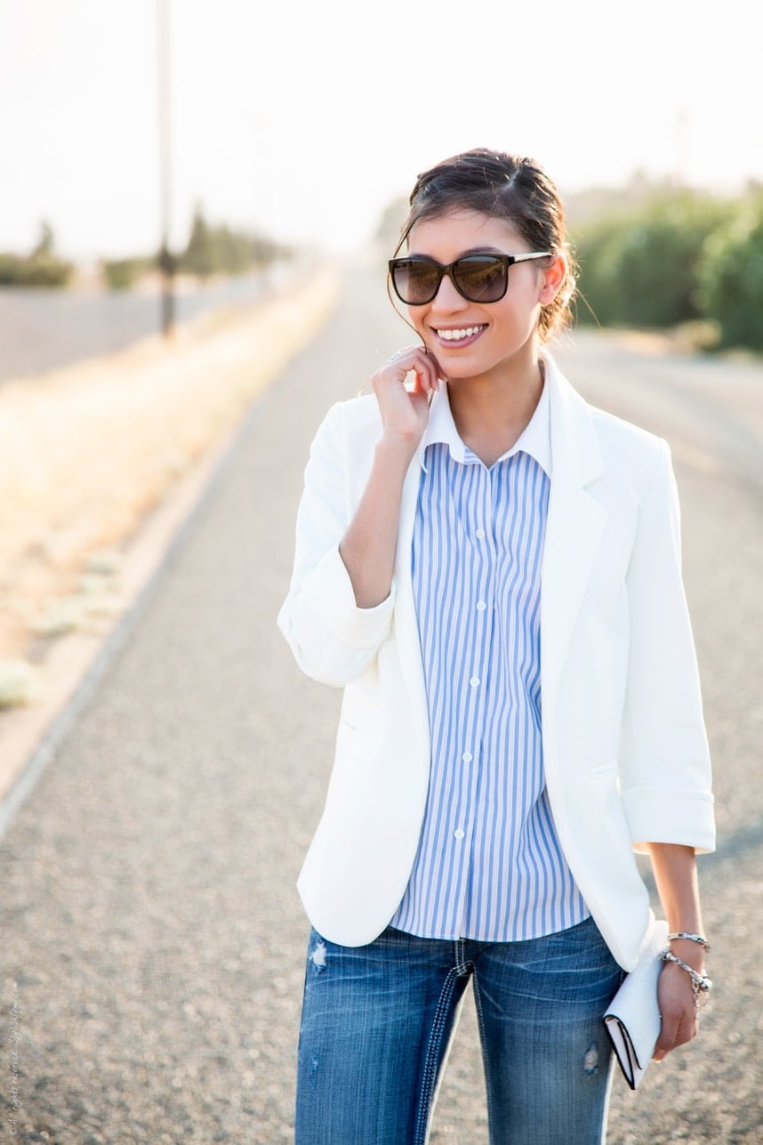 A casual way to wear a white blazer during the summer - Visit Stylishlyme.com for more outfit photos and style tips