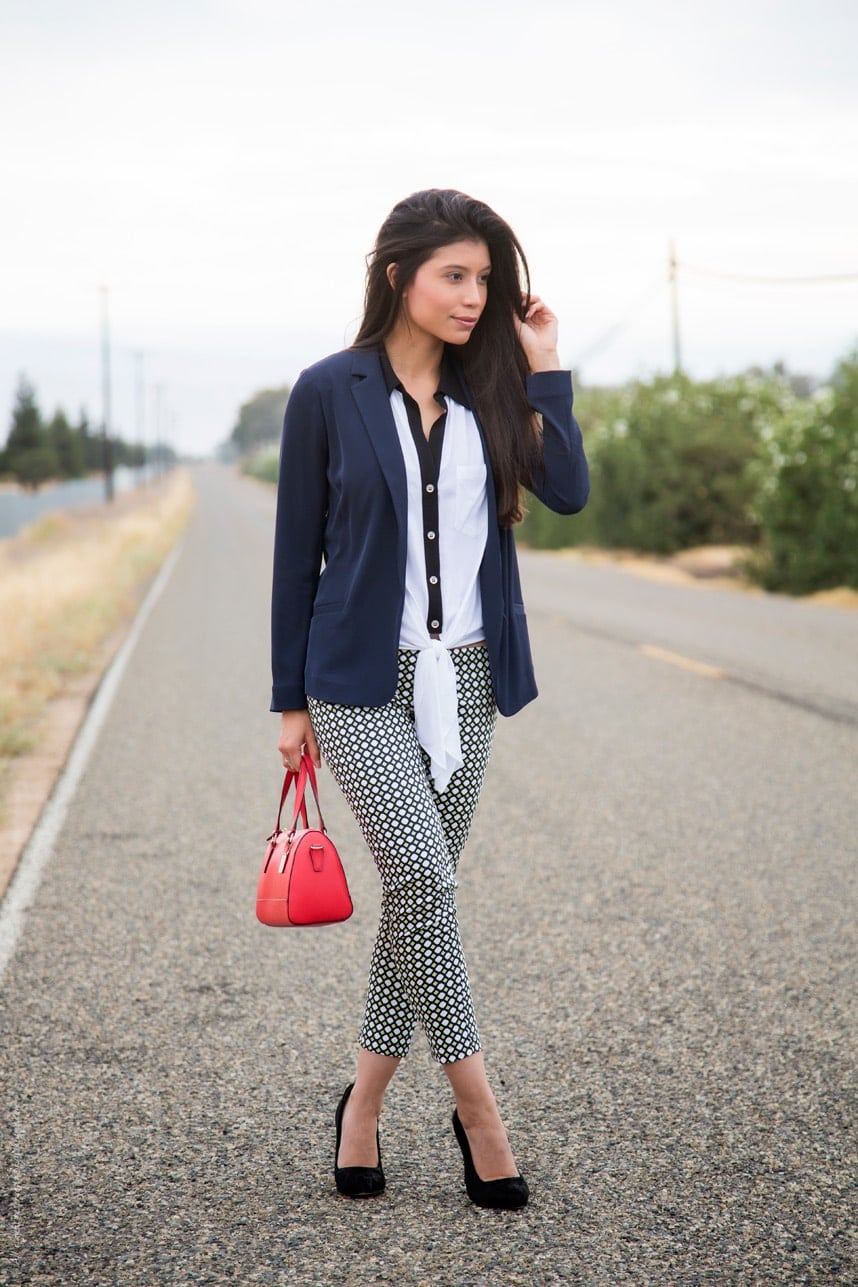 Wearing patterned pants with a solid blazer to create a unique office look- Visit Stylishlyme.com for more outfit photos and style tips