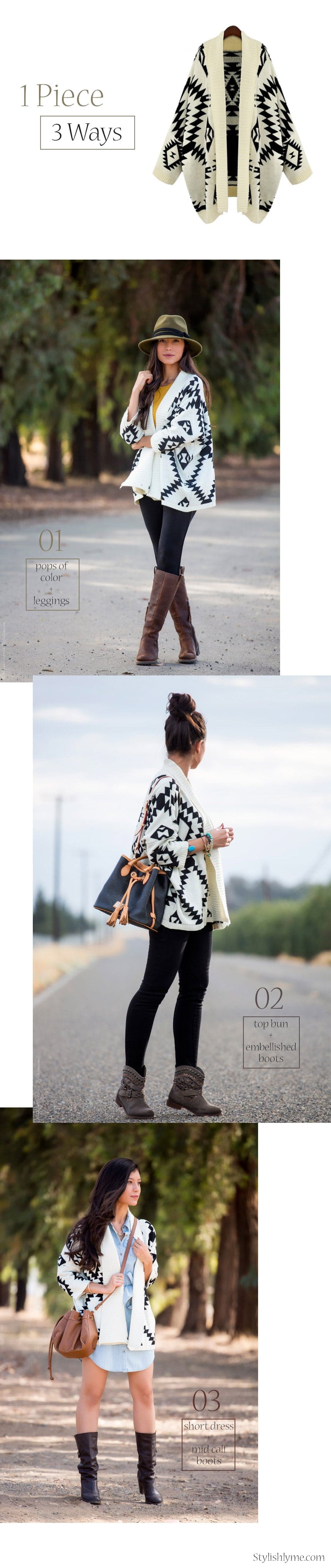 1 Piece 3 Outfits:  Aztec Print Cardigan - Visit Stylishlyme.com for more outfit inspiration and style tips