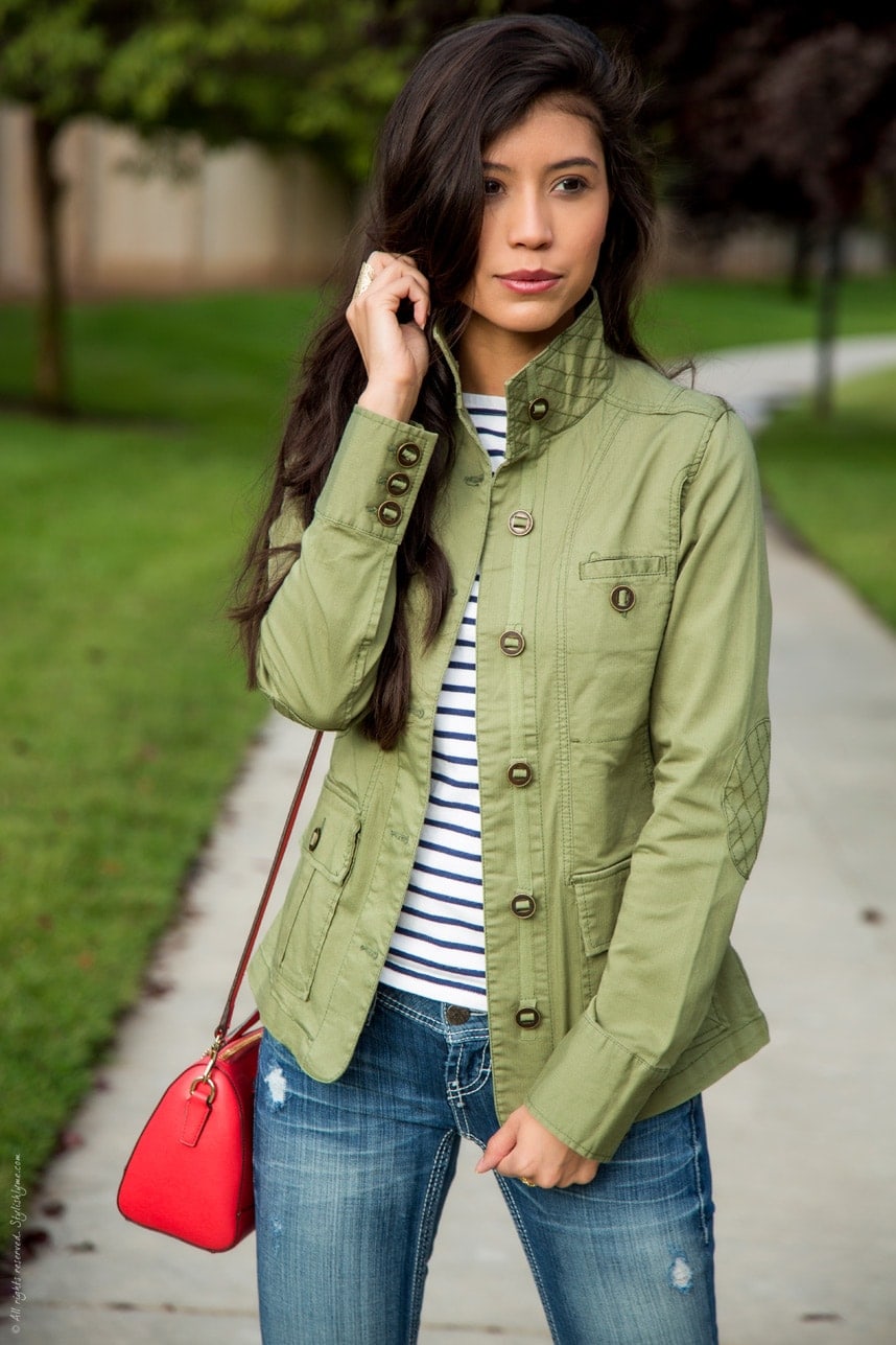 Green Military Jacket and Stripes - Visit Stylishlyme.com for more outfit inspiration and style tips