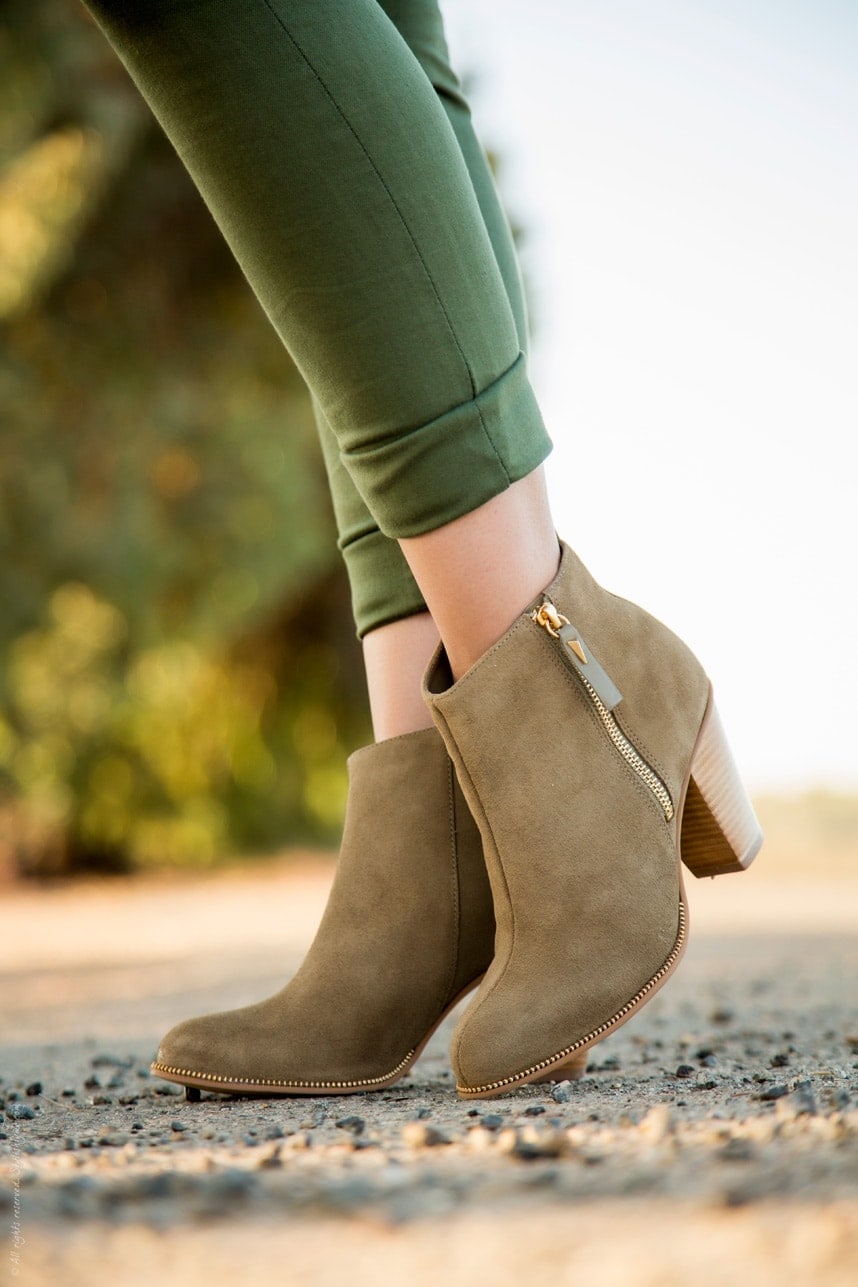 taupe ankle boots and olive green pants- Visit Stylishlyme.com for more outfit inspiration and style tips