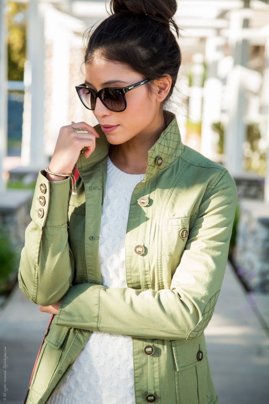 Military jacket and cream knit sweater - Visit Stylishlyme.com for more outfit inspiration and style tips