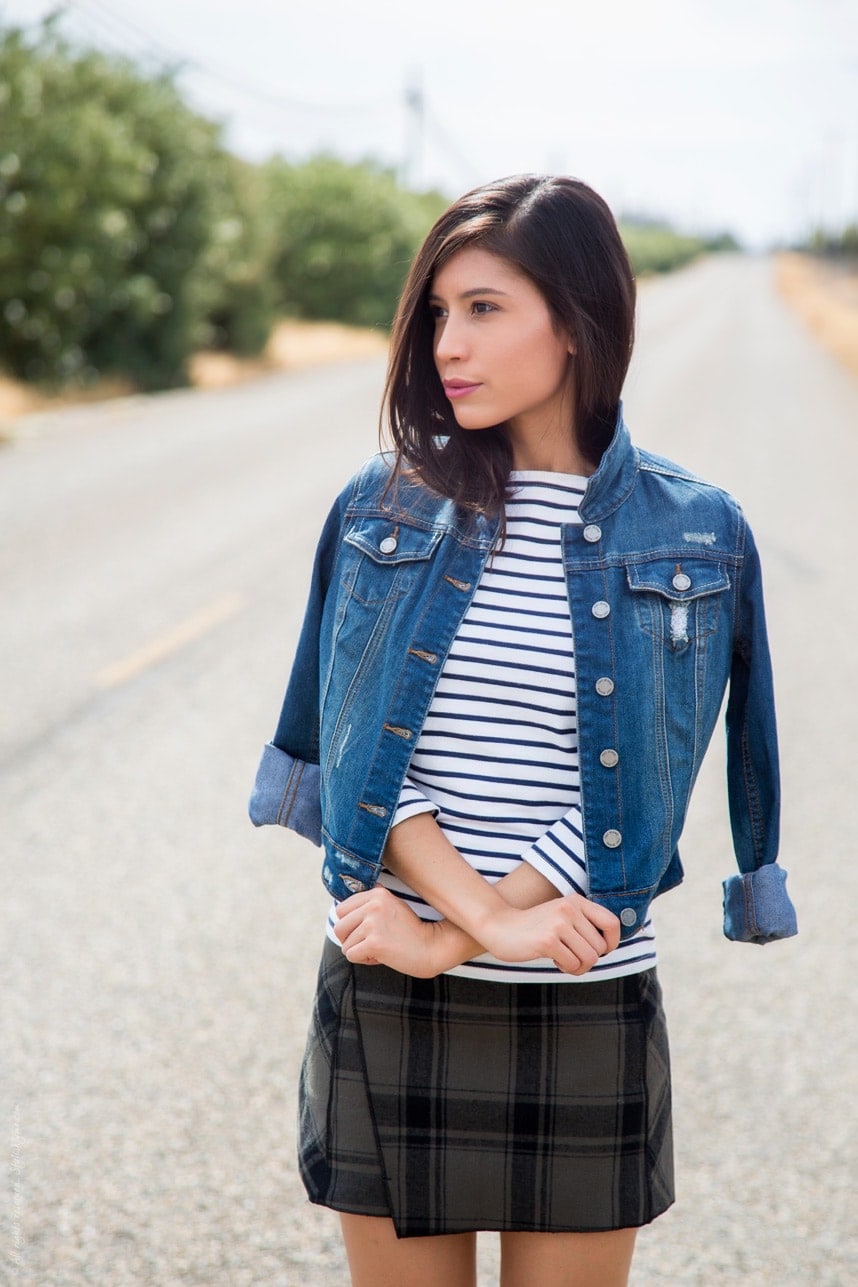 Plaid Skirt and Denim Jacket - Visit Stylishlyme.com for more outfit inspiration and style tips