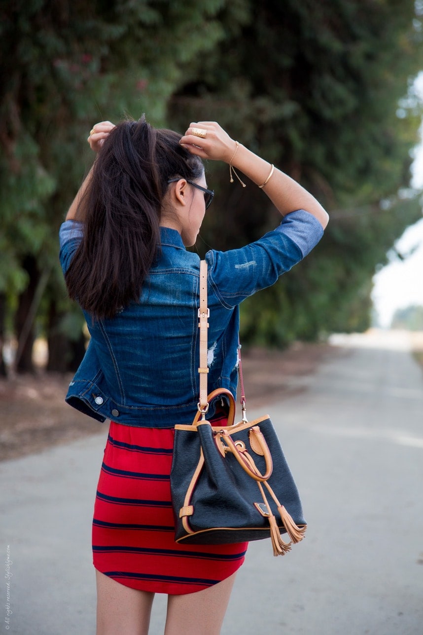 Red striped fall dress and denim jacket outfit - Visit Stylishlyme.com for more outfit inspiration and style tips