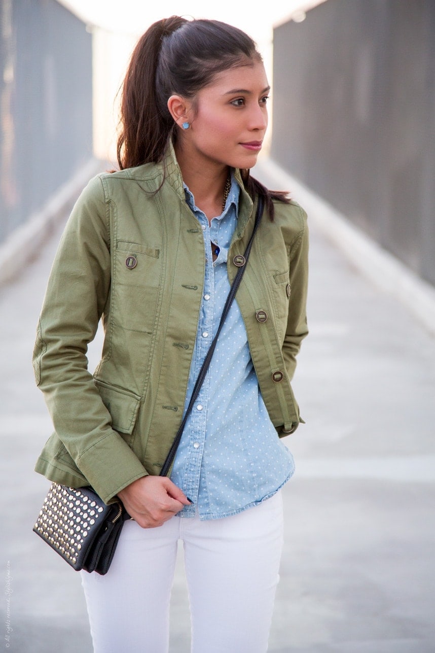 Wearing chambray shirt with militray jacket - Visit Stylishlyme.com for more outfit inspiration and style tips