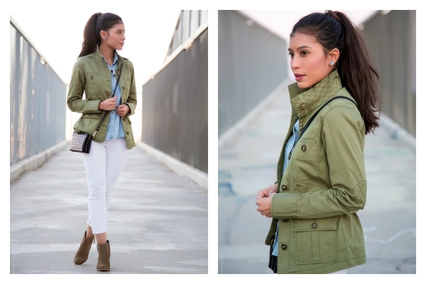White jeans and military jacket - Visit Stylishlyme.com for more outfit inspiration and style tips