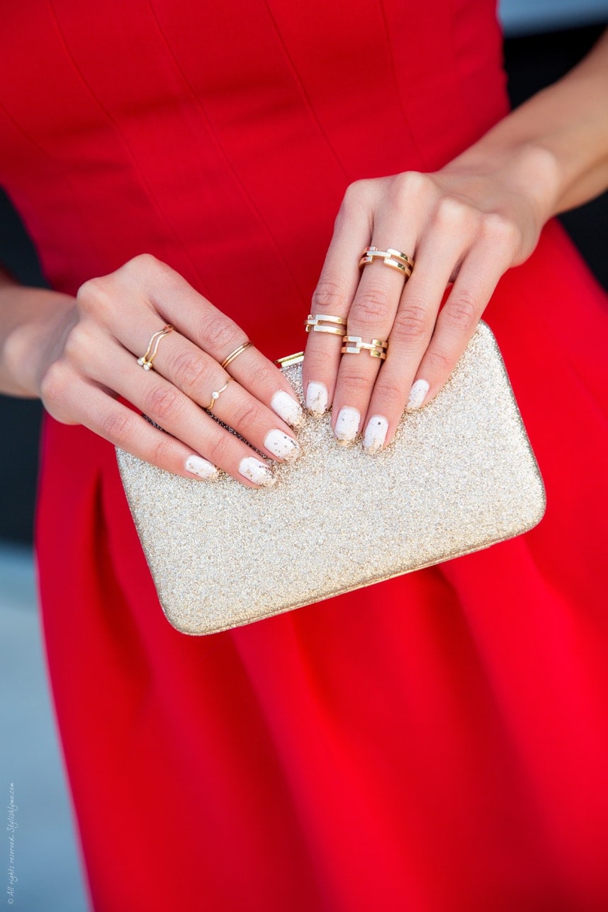 Glitter Gold Clutch and Gold Rings - Visit Stylishlyme.com for more outfit inspiration and style tips