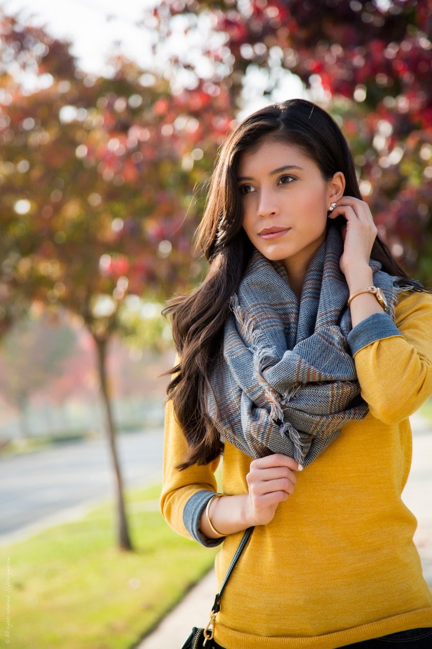 Gray Plaid Scarf and Mustard Sweater