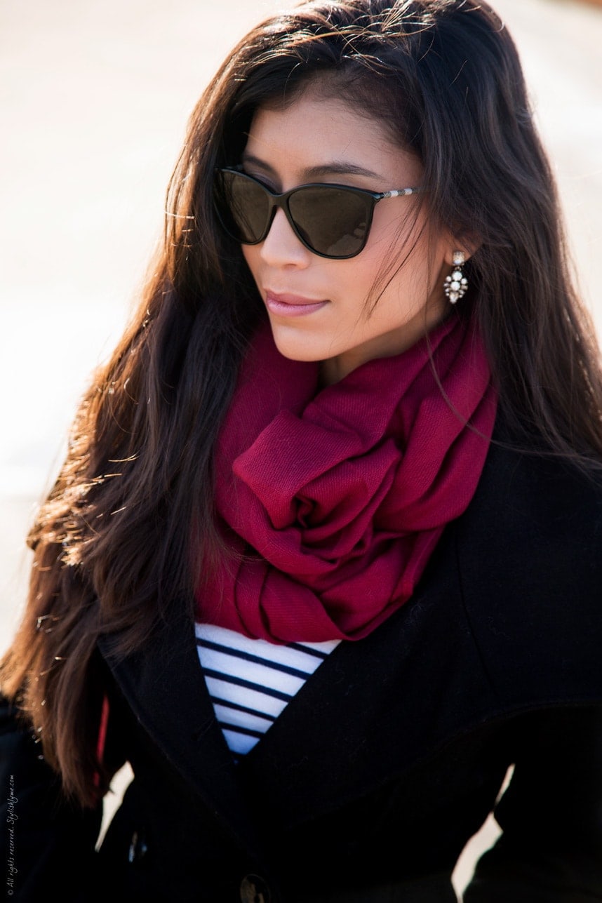 Burgundy scarf and stripes- stylishlyme.com