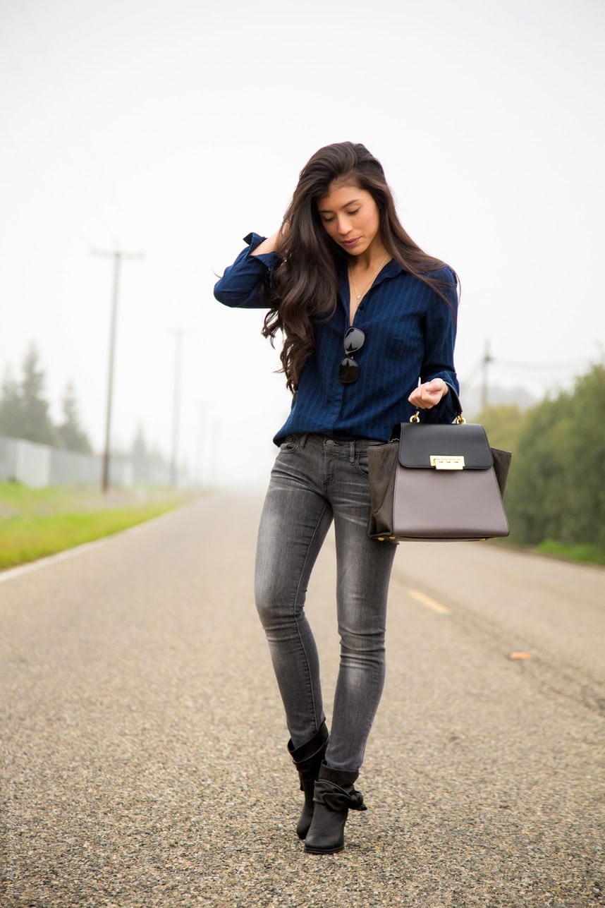 Casual black jeans and button down outfit