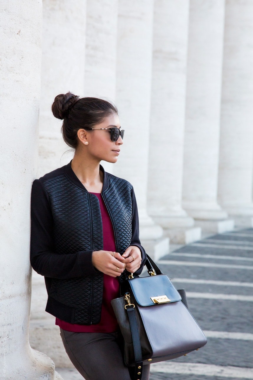black and burgundy travel outfit