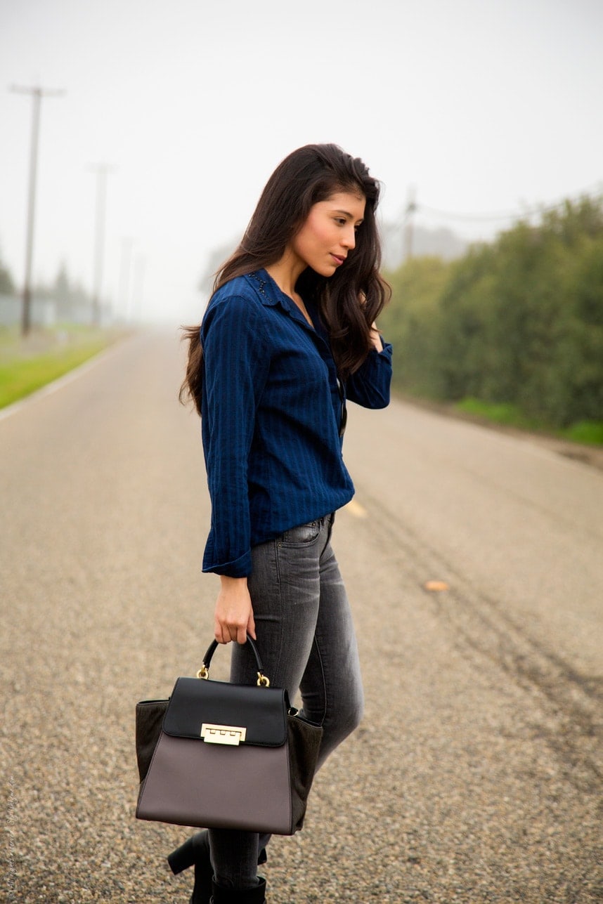 Black jeans and dark blue button down shirt- Stylishlyme.com