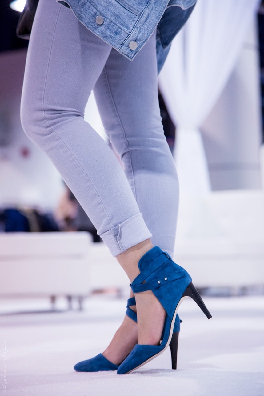 Blue navy ankle strap heels and gray denim jacket - stylishlyme.com