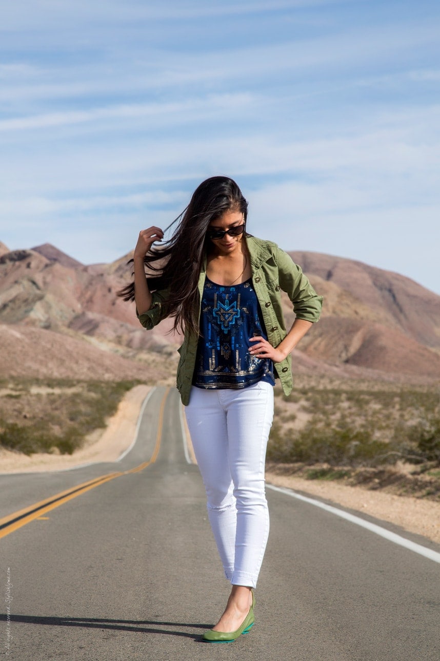 blue sequined tank top, white jeans and olive green flats 