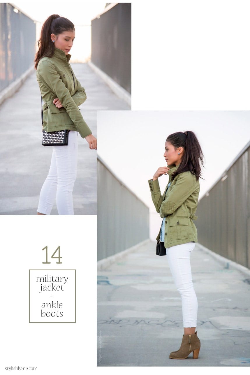 Military jacket, white jeans and ankleboots - 15 Stylish Ways to Wear White Jeans