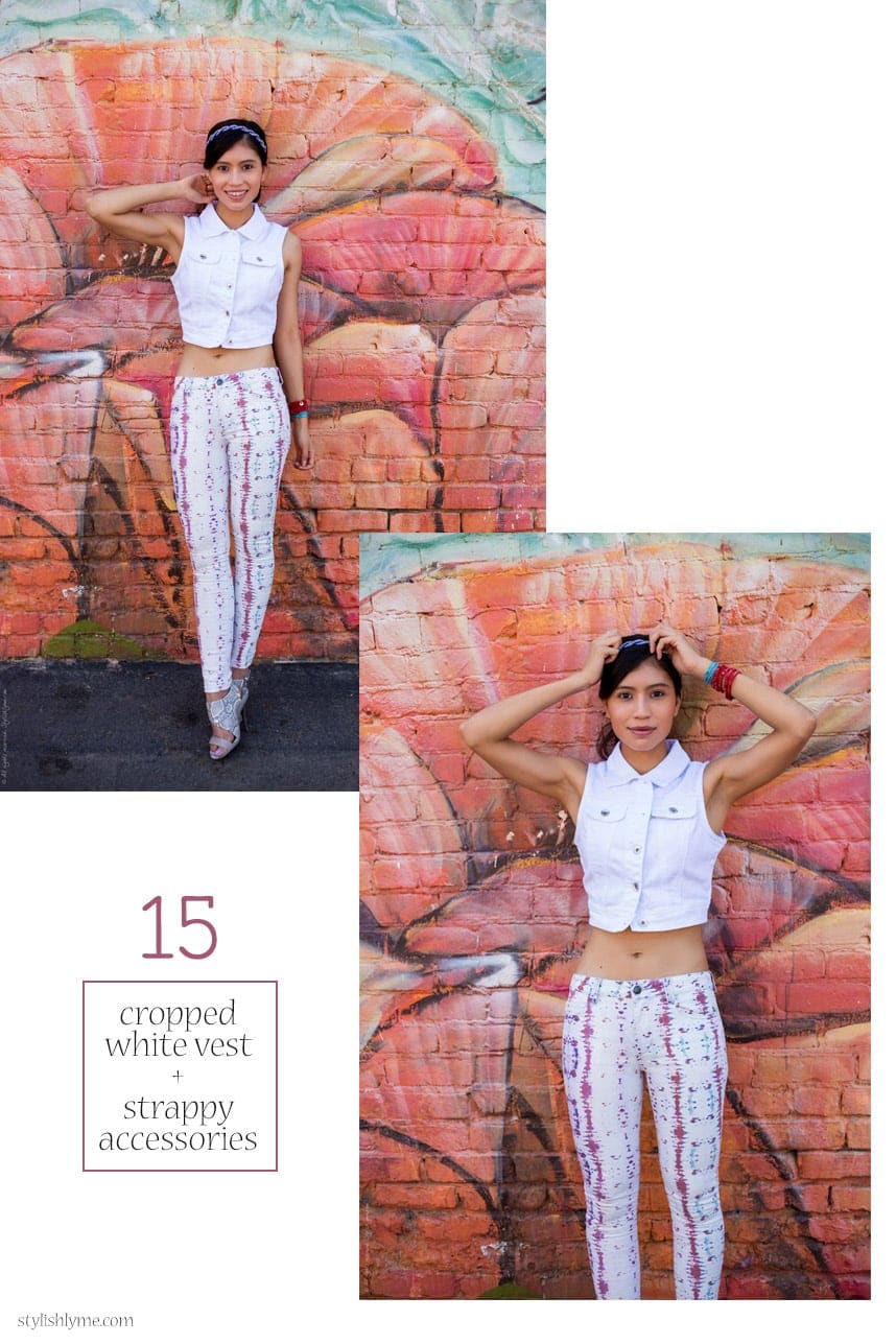 Patterned white jeans and cropped white denim vest - 15 Stylish Ways to Wear White Jeans